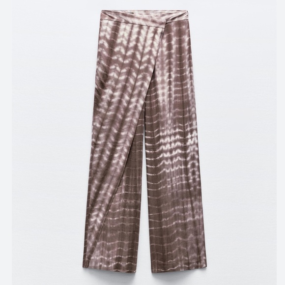 ZARA pants Womens L Flowy Wide Leg Wrap Linen Tie Dye Brown Hi Rise 3046/063 New - Picture 2 of 11